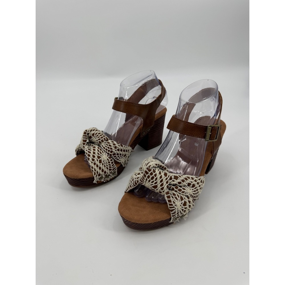 Korks Womens Crochet Knit Platform Block Heel Sandals Brown Leather 8M KR0010537